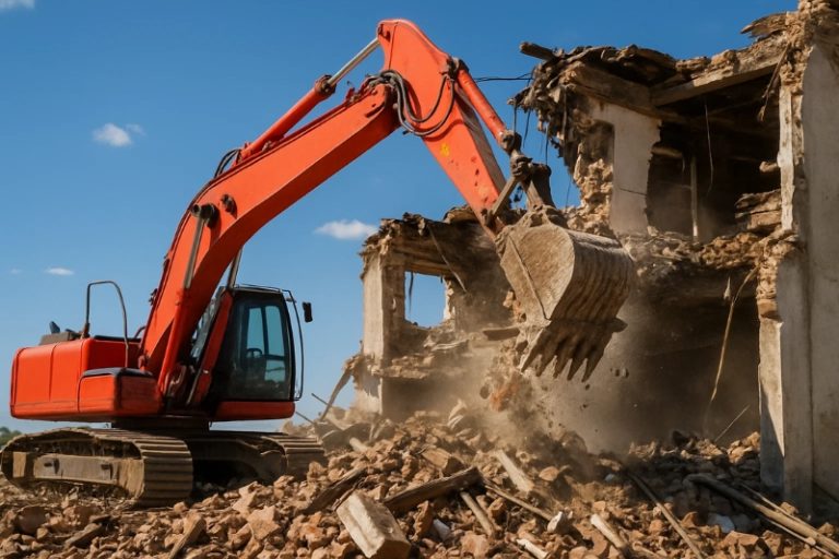 Máy xúc đang thi công phá dỡ nhà cũ tại Hải Phòng - Dịch vụ của Khoan Cắt Bê Tông Ngọc Tuyến.