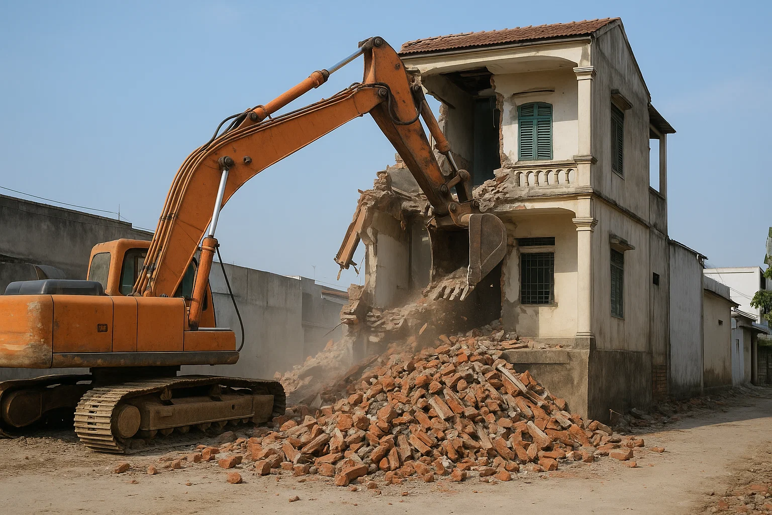 Máy xúc đang phá dỡ nhà ống hai tầng tại một công trình ở Hải Phòng - Dịch vụ của Ngọc Tuyến.