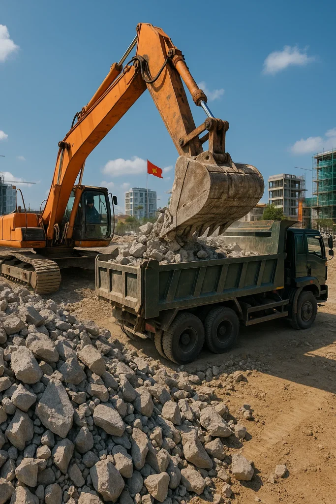 Máy xúc đang xúc phế thải xây dựng, xà bần lên xe ben tại công trình ở Hải Phòng - Dịch vụ của Ngọc Tuyến.