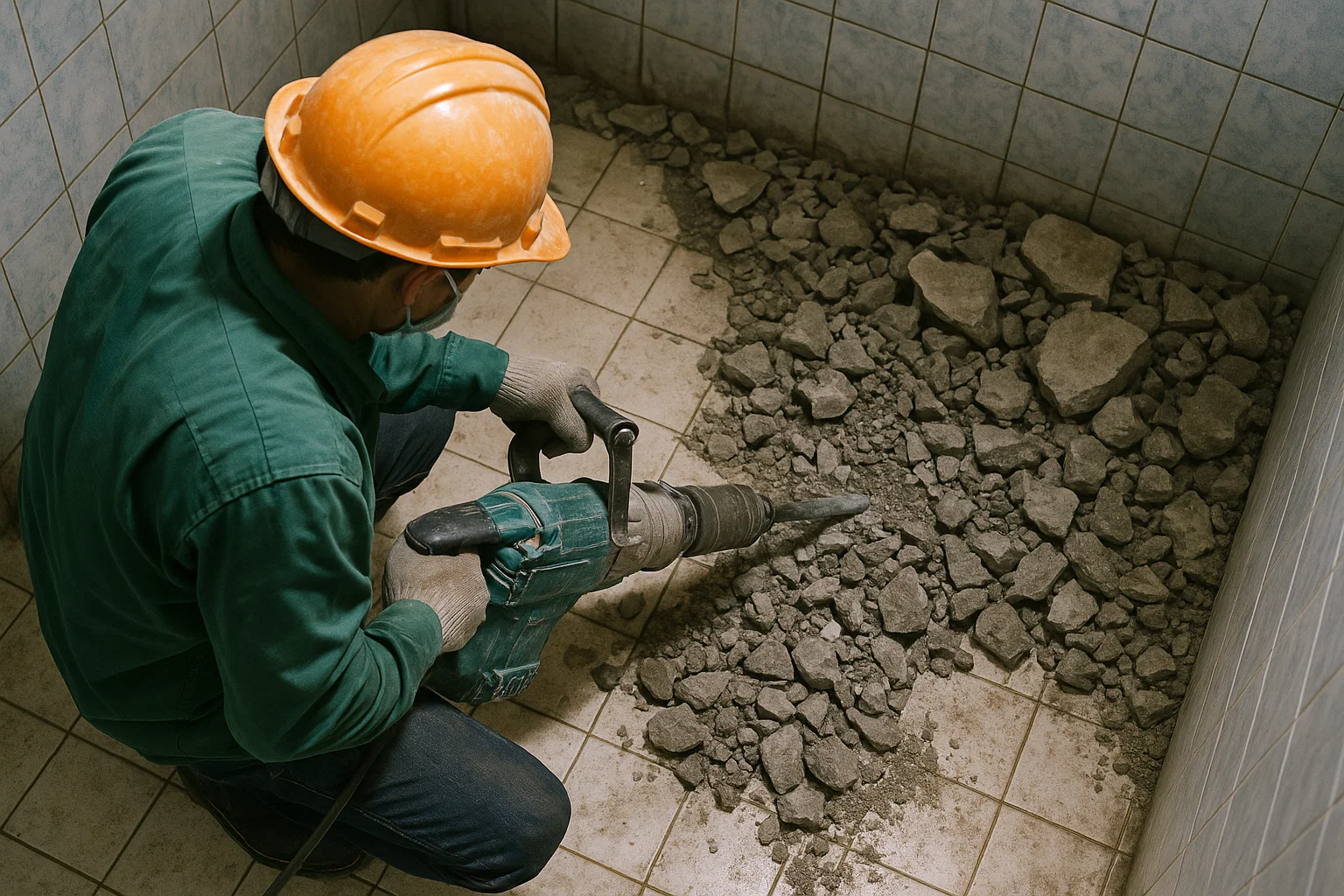 Đục phá sàn nhà vệ sinh cũ để cải tạo - một ứng dụng của dịch vụ đục phá bê tông tại Hải Phòng.
