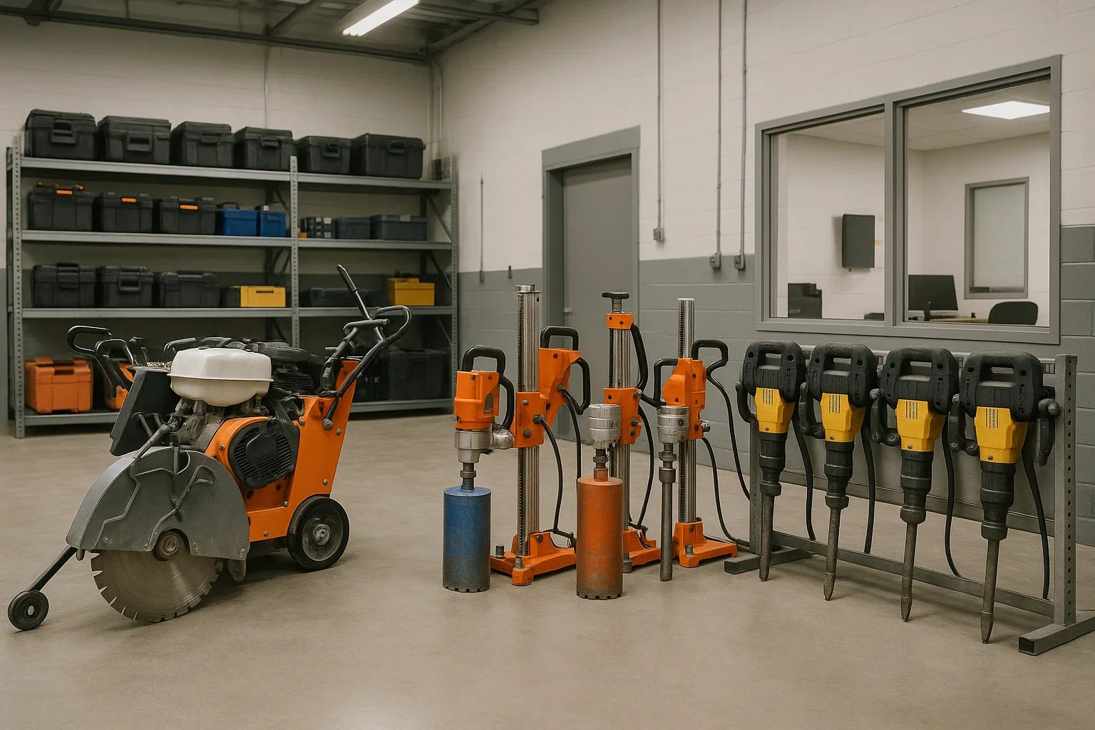 Nhà xưởng Khoan Cắt Bê Tông Ngọc Tuyến tại Hải Phòng với đầy đủ máy móc khoan rút lõi, máy cắt sàn chuyên dụng.
