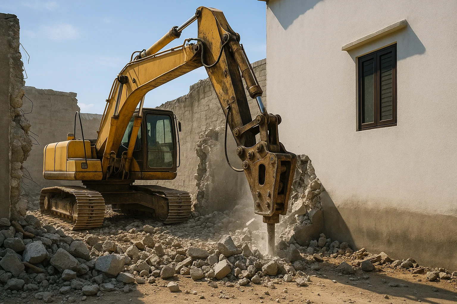 Máy xúc phá dỡ tường cẩn thận, đảm bảo an toàn cho công trình lân cận tại Hải Phòng.