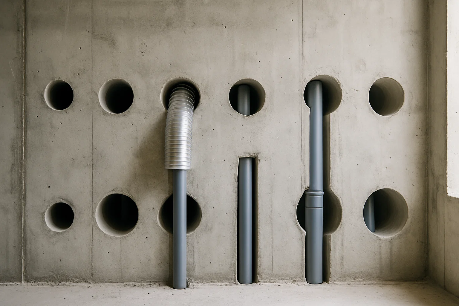 Hàng lỗ khoan rút lõi thẳng hàng trên tường để lắp đặt hệ thống ống nước PCCC tại Hải Phòng.