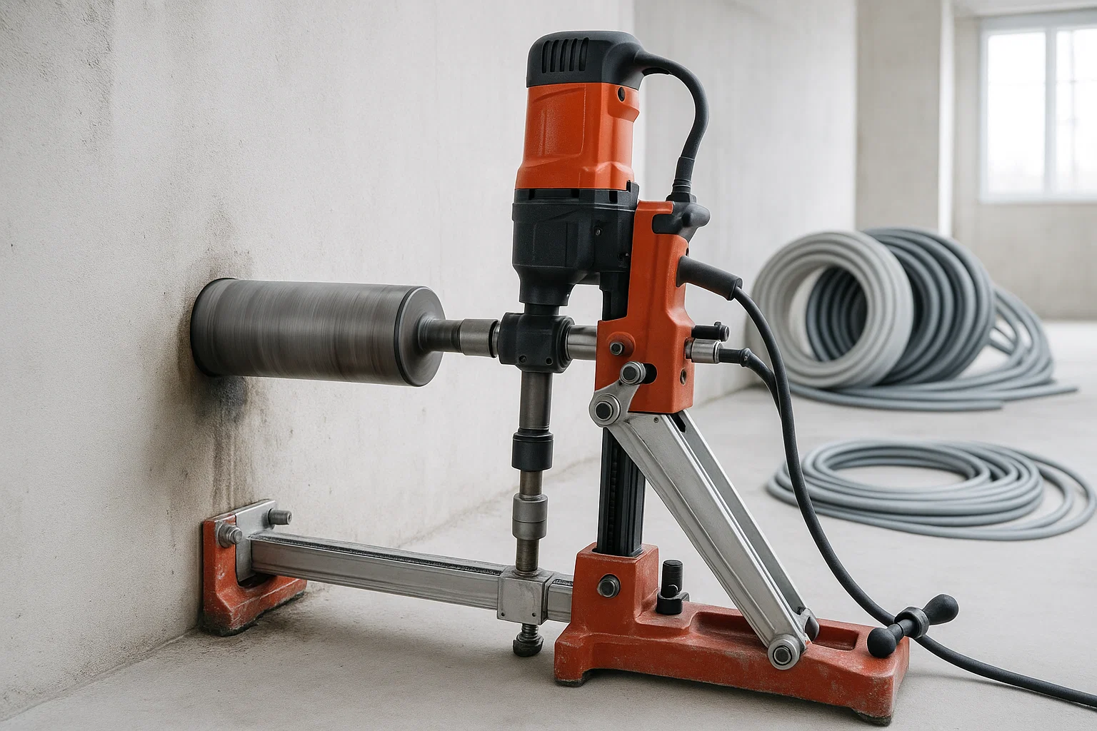 Máy khoan rút lõi đang khoan lỗ ngang qua tường bê tông để đi ống.